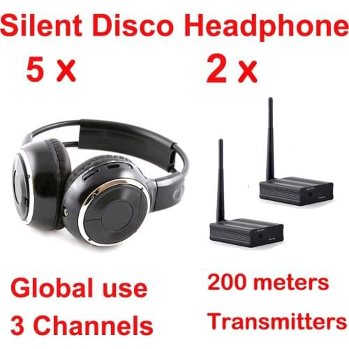 RF Silent Disco Foldable Wireless Headphone Package for Party Meeting DJ Film --5 Pcs with2 Transmitters