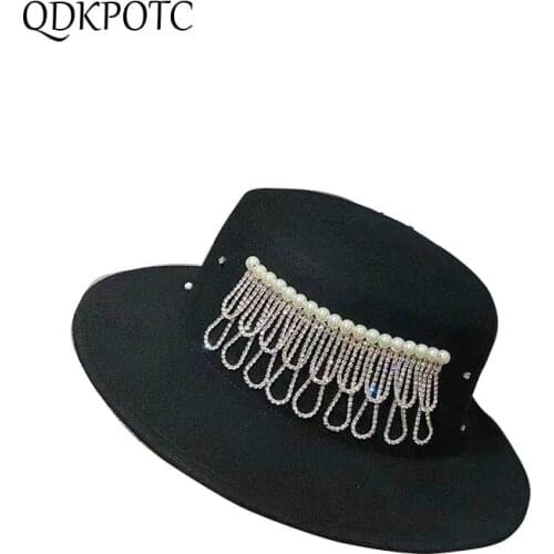 2021 Hat Autumn Winter New Women High Quality Wool Fedoras Fashion Europe America Light Luxury Rhinestone Pearl Jazz Cap QDKPOTC