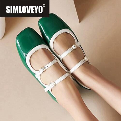 SIMLOVEYO New 2021 Women Flat Shoes Square Toe 3cm Patent Leather Buckle Concise Classic Vintage Big Size 34-43 Casual A3894