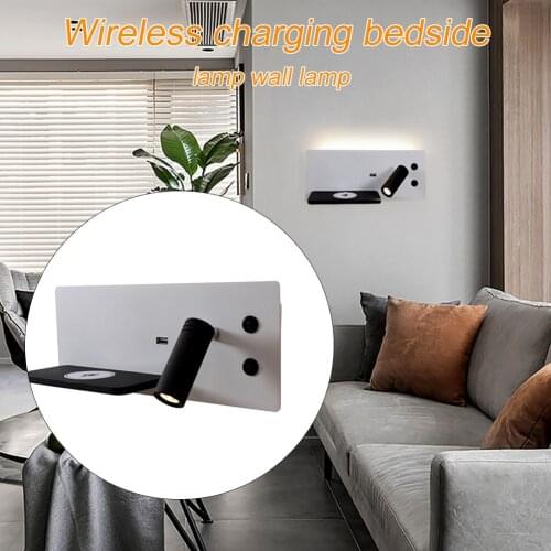 Led Adjustable Angle Backlit Bedroom Headboard Wall Lamp Reading Light Wireless Charger USB Port Home Decor Hotel Phone Shelf