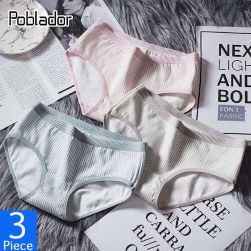 Poblador 3Pcs/lot Sexy Womens Cute Cotton Panties Underwear Seamless striped Briefs Mid Waist Comfort Breathable Lady Lingerie