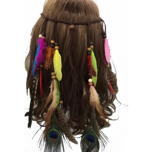 Bohemian Style Indian Feather Headband Headdress Hair Rope Headwear Tribal Hippie Handmade Hair Accessories for Women 41