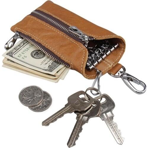 Vintage Genuine Cow Leather Collar Shape Zipper Multi Key Card Holder Key Wallet with Card Pocket