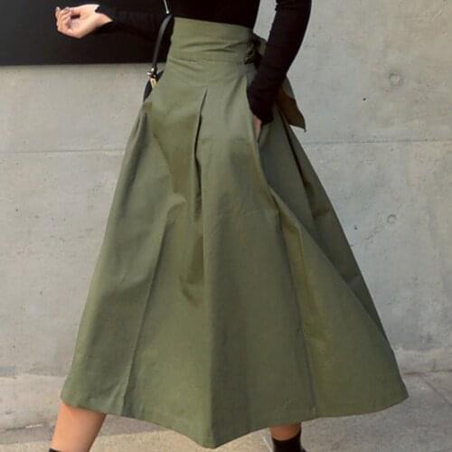 Skirt Ladies Army Green Long 2021 Spring High Waist Slim Skirts Womens Skirts Korean Fashion Solid Color Large Swing