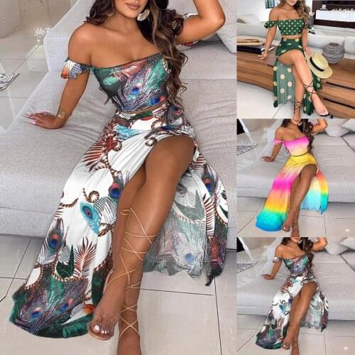 Women Fashion Sexy Off Shoulder 3D Print Dress Sets Lady Strapless Party Dress Streetwear Beach Holiday Long Skirt Matching Sets