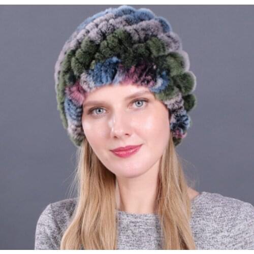 Winter Fur Hats for Women Beanie Kniting Warm Thicken Hats Girls Fluffy Rex Rabbit Elastic Bomber Caps