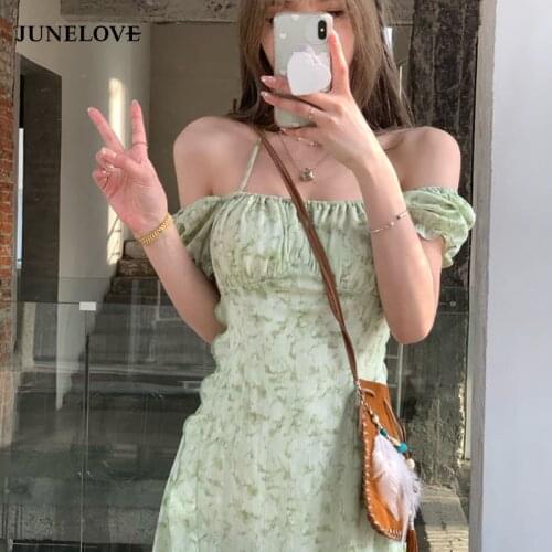 Korean Fashion Beach Sundresses for Women Summer 2021 Short Sleeve Vintage Midi Dress Females Bandage Design Casual Floral Dress
