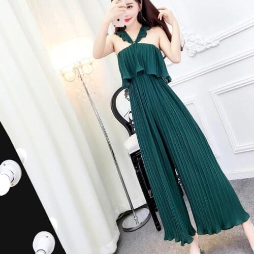 Summer Women Spaghetti Strap Ruffled Halte Backless Chiffon Pleated Wide Leg Pants Solid Full Length Jumpsuit