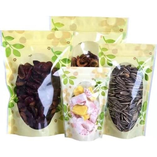 100Pcs/Lot Zip Lock Stand Up Bag with Clear Window Green Leaf Printed Self Grip Seal Tear Notch Food Storage Packaging Pouches