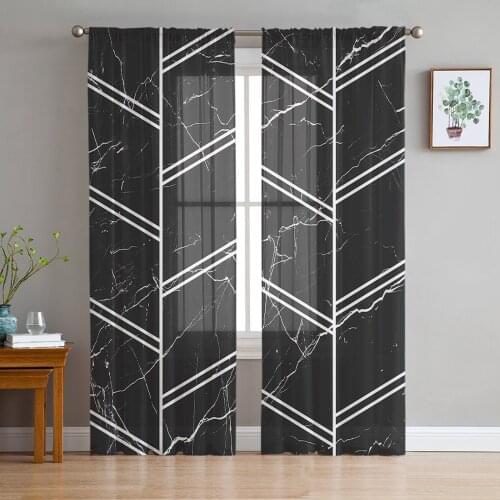 Black Marble Texture White Stripes Voile Curtains for Living Room Window Treatment Sheer Curtains for Bedroom Kitchen Drapes