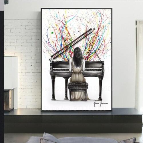 Colorful girl Play Piano Girls Poster Figure Canvas Painting Wall Art Pictures on Canvas for Living Room Gallery Home Decor