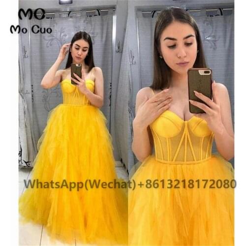 Long 2021 Yellow Prom Evening Dresses for Teens Draped Spaghetti Straps Lace Up Tulle Prom Gown for Womens