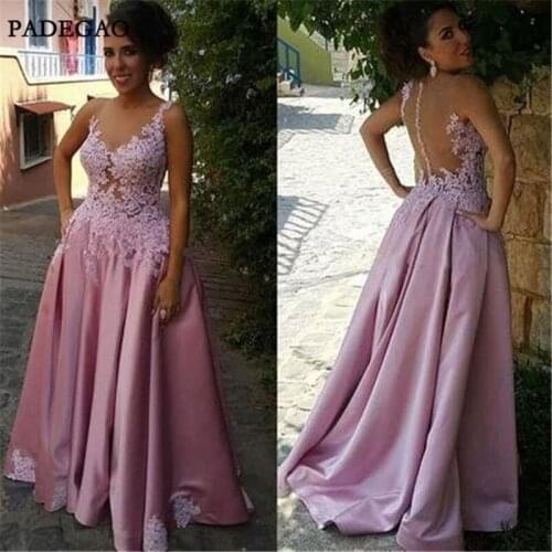 Elegant Pink Evening Dresses With Appliques Long A-Line Sleeveless V Neck Low Sweep Train Evening Dress Custom Made