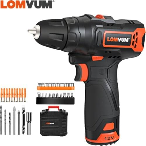LOMVUM Electric Drill 12V Cordless 2 Speed Drilling Screwdriving Home DIY Power Tools 2.0Ah Battery EU PLUG Carry Box Included