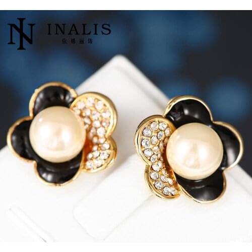 INALIS Colorful Crystal Flower Stud Earrings Rose Gold Color Fashion Brand Rhinestone Simulated Pearl Earrings For Women E555