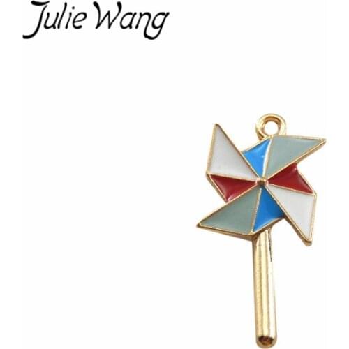 Julie Wang 4PCS Gold Color Based Zinc Alloy Colorful Enamel Windmill Shape Pendant Charms Twinket Jewelry Handmade Accessories