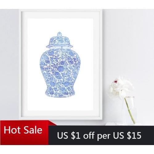 Chinese Ginger Jar Print Blue and White Chinoiserie Art Canvas Painting Wall Art Picture Poster Hampton Style Decorative