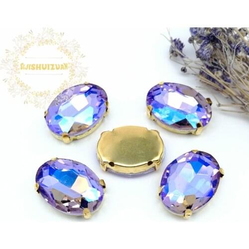 Crystal violet AB Dazzle color oval shape Glass Crystal sew on rhinestones with GOLD four claw Diy weddingdress Free shipping
