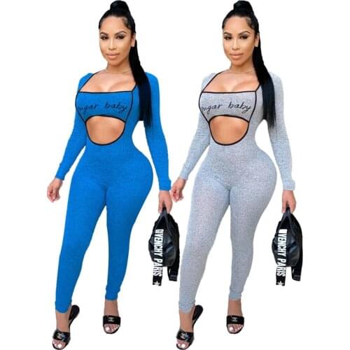 Summer Autumn Women Clothing letter print nightclub Solid Sexy hollow Bodysuit One Piece Club Outfits Sports Lounge Wholesale