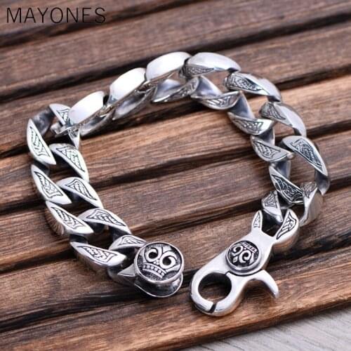 MAYONES Silver Wholesale 16mm width 925 Sterling Silver Jewelry Wide Face Buckle Domineering Rough Mens Bracelet 21cm