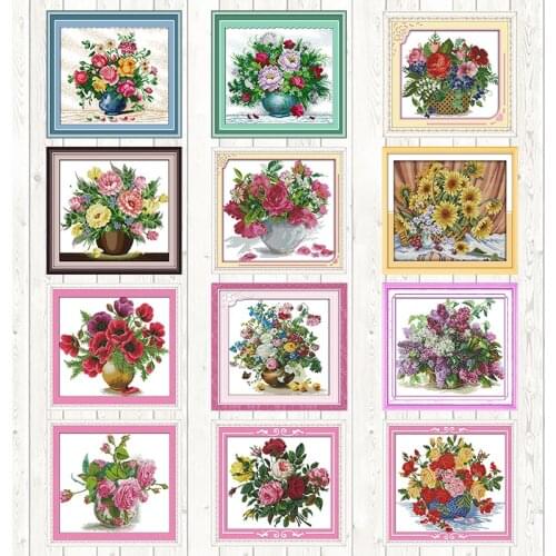 Joy Sunday Beautiful Vase Cross Stitch 11ct Printed Aida Fabric 14ct Counted Cross Canvas Embroidery Kit DIY Hand Needlework Kit
