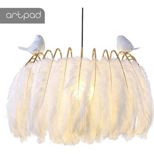 Artpad Nordic Princess White Feather Pendant Lights Living Room Restaurant Shop Store Living Room Bedroom Hanging Lights Fixture