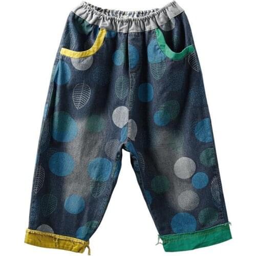 Casual Jeans High Quality New Summer Arts Style Women Elastic Waist Calf-Length Denim Harem Pants Vintage Print Loose