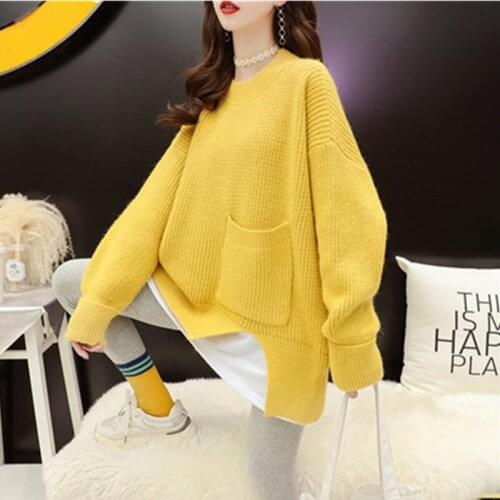 Fake Two-Piece Pullover Sweater Womens 2020New Autumn Winter Korean Fashion Loose Lazy Style Retro Knitting Sweaters Female A348