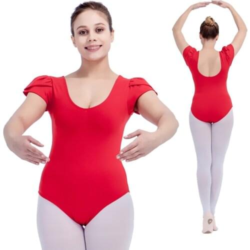 Retail Red Cotton/Lycra Cap Puffy Sleeve Ballet Dance Leotards with Drawstring Front for Ladies and Girls