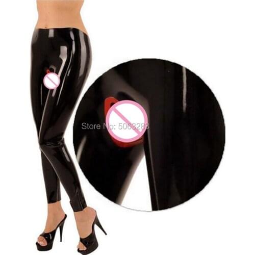 Sexy Latex Women Pants Trousers Open crotch with trims Unique Rubber Trousers