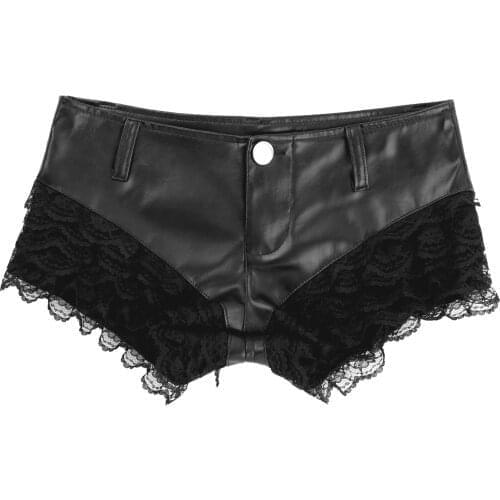 Alvivi Womens Leather Shorts Lace Patchwork PU Leather Shorts Ladies Fashion Low Waist Button Hot Erotic Sexy Pants Clubwear