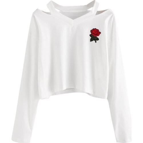 Crop Top Hoodies Sweatshirts For Women 2020 Rose Printed Hollow Shoulder Hoodies Pullover Casual Long Sleeve Women Clothes