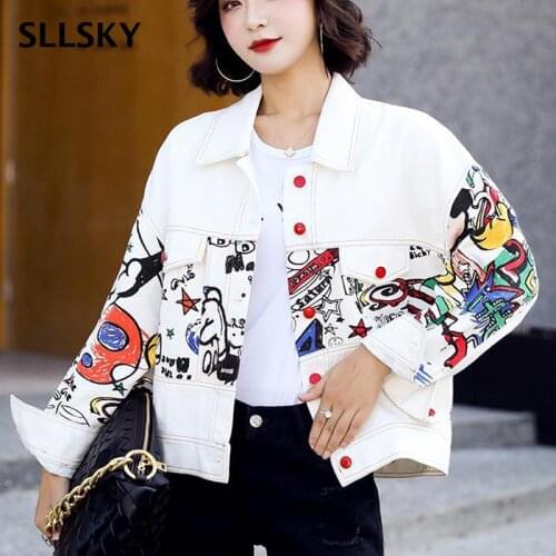 SLLSKY Short Print Graffiti Denim Jacket Women Spring Single Breasted Jean Coat Loose Long Sleeve Turn-down Collar Lady Jacket