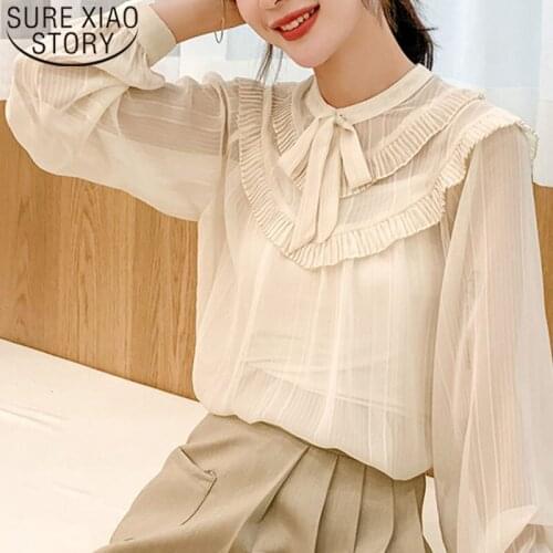 2021 Fashion Women Blouses Long Sleeve Elegant Casual Women Tops and Blouses Bow Chiffon Solid Beige Ladies Tops 5323 50