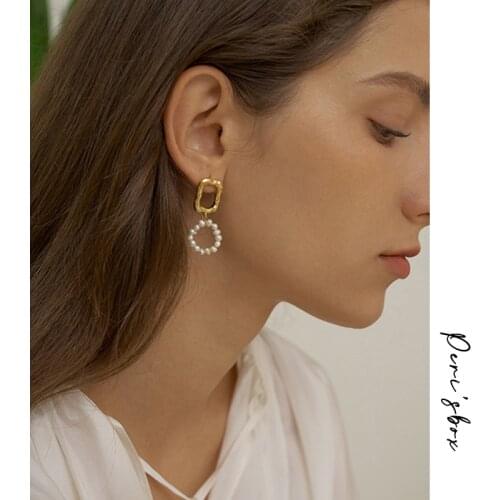 PerisBox Matte Gold Color Square Earrings Natural Freshwater Pearl Earrings for Women Vintage Drop Earrings French Jewelry 2020