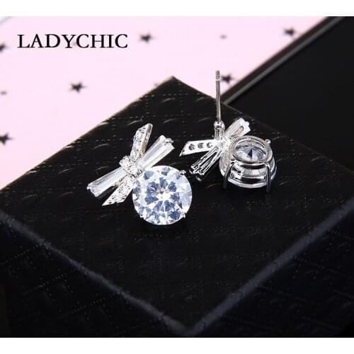 LADYCHIC Cute Silver Color Bowknot Cubic Zircon Earrings Women Fashion Charm Stud Earrings Party Festival Gifts Wholesale LE1335