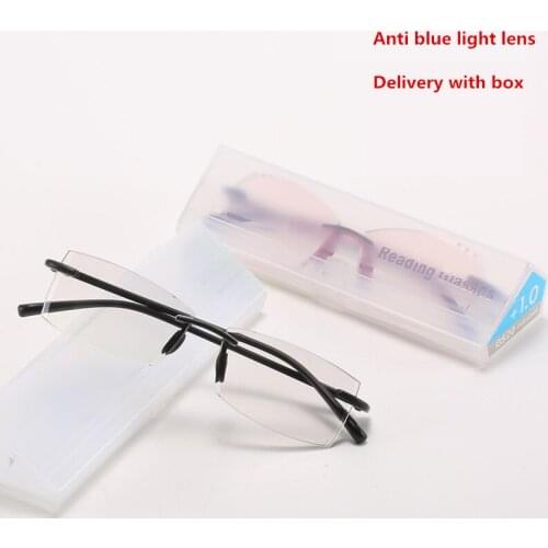 +1.0 1.5 2.5 Anti Blue Light Diamond Cut Rimless Reading Glasses Ultra Thin Metal Anti Blue-ray Proof Unisex with Box