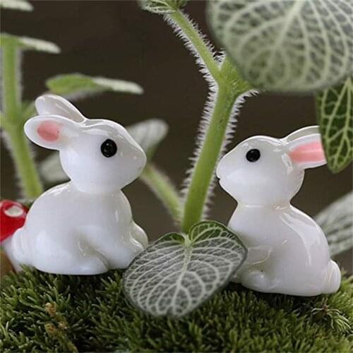 1Pair Lovely White Delicate Rabbits Mini Animal Resin Figurines Crafts Fairy Garden Miniatures Rabbits DIY Landscape Room Decor