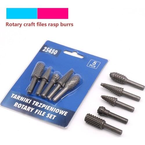 5pcs Steel Rotary Rasp File Drill Bits 1/4" Shank Rotary Craft Files Rasp Burrs Wood Bits Grinding Power Woodworking Hand Tools