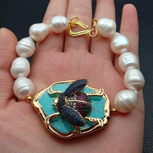 YYGEM Blue turquoise chunk CZ Insect Natural Cultured White Rice Freshwater Pearl Bracelet 8"