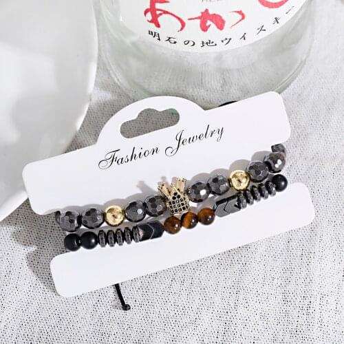 Classic CZ Crown Hematite Bracelet 2pcs/Set Men Fashion Tiger Eye Stone Charm Bracelet Pulsera Hombre