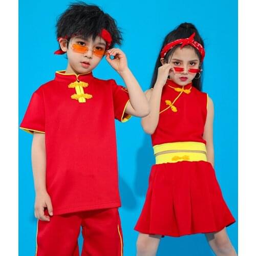 2020 Hip Hop Jazz Costume Children Chinese Style Folk Dance Red Suit Summer Performance Clothes Stage Outfit Festival Wear 810