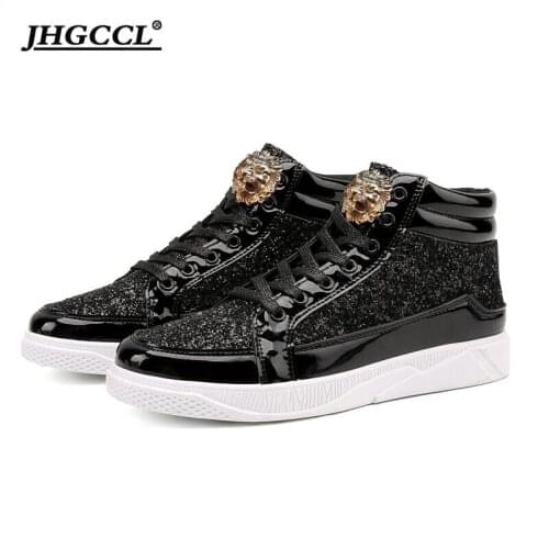 NEW Cool Men High Top Men Gold Glitter Sneakers Lace Up Crystal Platform Flats Gold Shoes Party wedding shoes A28