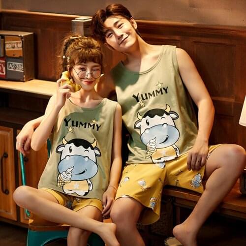 Summer Knitted Cotton Couple Vest Pajamas Set Cartoon Round Neck Sleepwear Casual Soft Loose Plus Size Lovers Homewear Suits