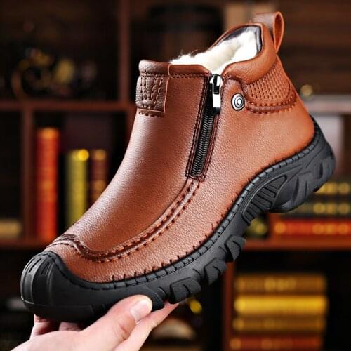 Man Leather Boots Snowshoes Platform Ankle Boots Natural Wool Winter Men Boots Non-Slip Comfortable Warmest Men Outdoor Shoes