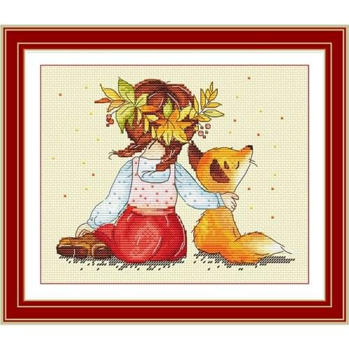FishxxCross Stitch Kit E1136 Cute Cartoon Little Fox and Girl Milky White Embroidery Cloth Bedroom Painting Handmade Embroidery