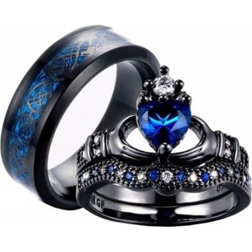 Fashion Couple Rings Stainless Steel Rock Crystal Mens Band Filled Claddagh Ring Heart Womens Wedding Ring Sets
