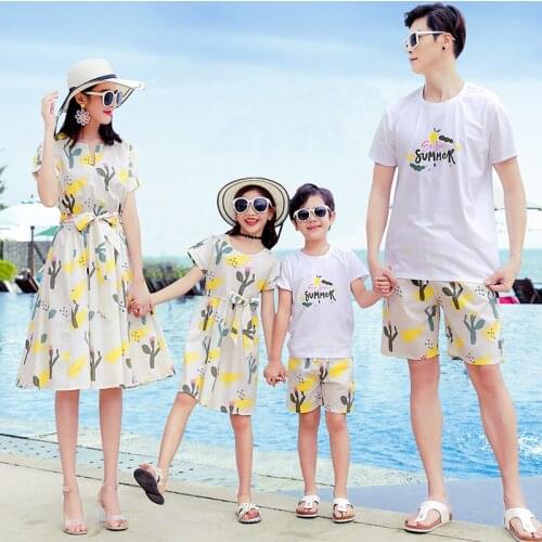 Summer New family look Print cactus clothing mother Girl Dress father Boy cotton white shirt & Pants 2pcs/sets Family outfits