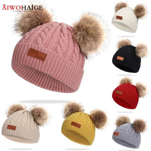 2019 New Winter Children Faux Fur Pompom Knit Beanie Kids Boys Girls Solid Color Hat Cotton Warm Baby Soft Cap Skullies Bonnet