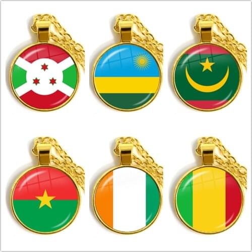 Mauritania,Mali,Rwanda,Coate d'Ivoire,Burundi,Burkina Faso National Flag Necklace 25mm Glass Cabochon Pendant Necklace For Women
